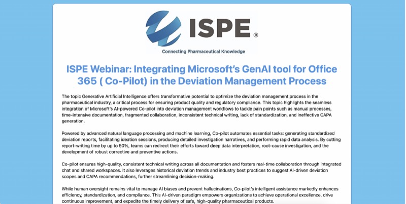 ISPE webinar — leveraging generative AI for audit and regulatory response development